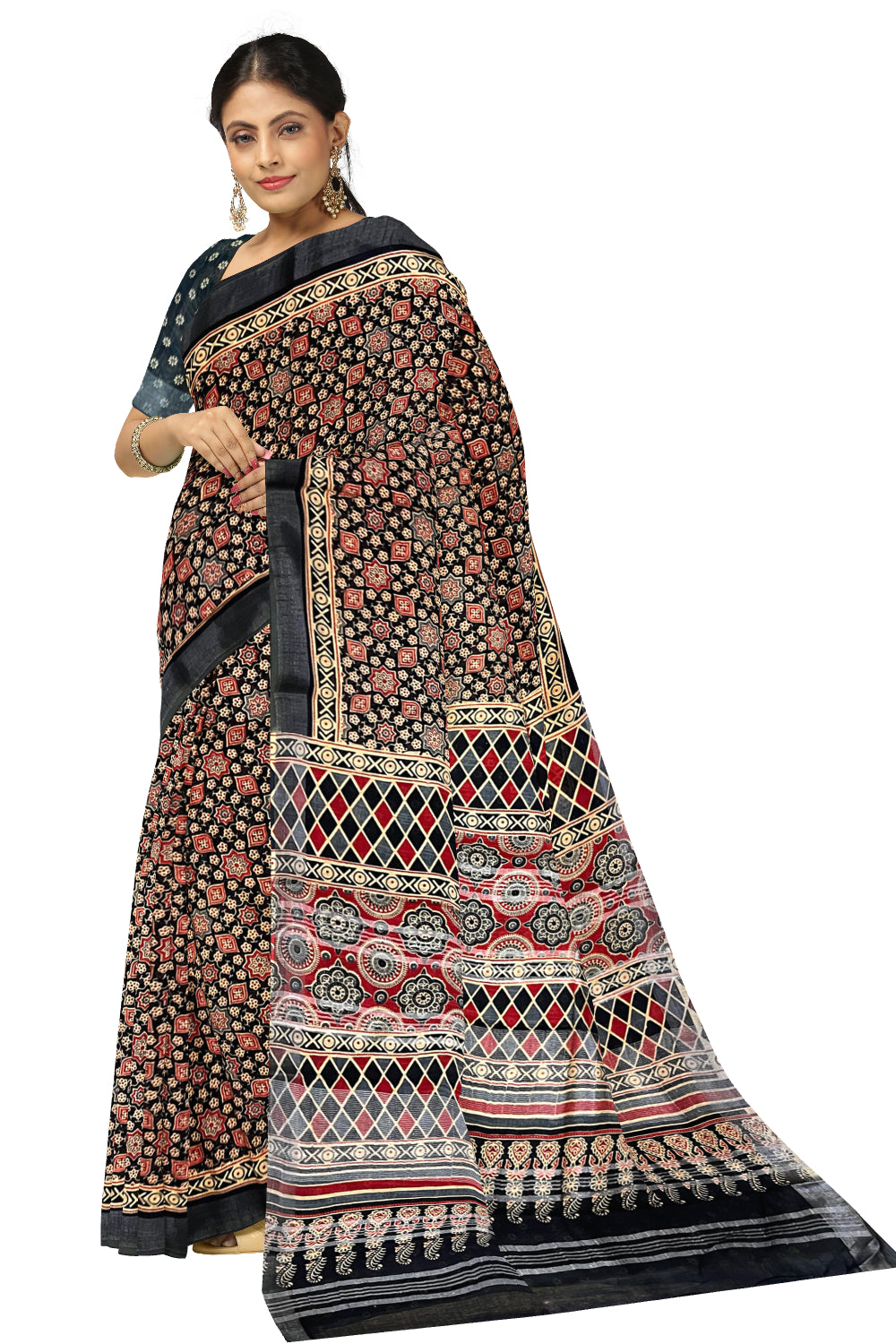 Southloom Linen Saree with Designer Black and Red Prints on Body