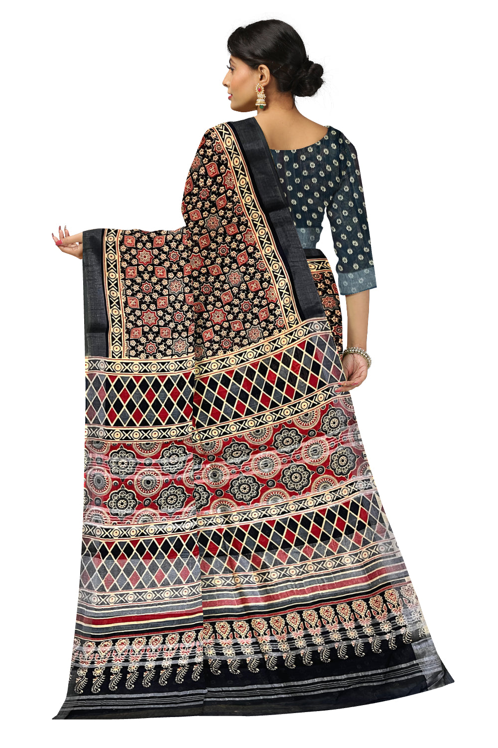 Southloom Linen Saree with Designer Black and Red Prints on Body