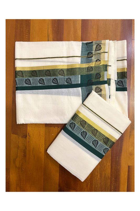 Kerala Cotton Kasavu Single Set Mundu (Mundum Neriyathum) with Green Kara and Block Prints