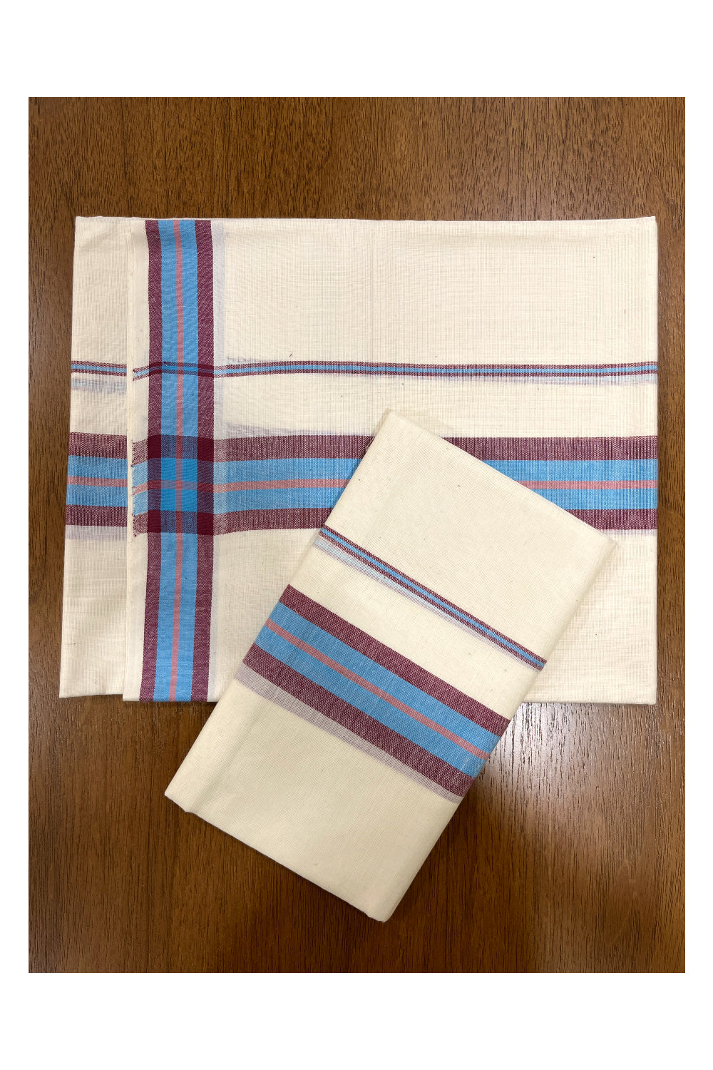 Kerala Cotton Mulloth Mundum Neriyathum Single (Set Mundu) with Blue and Purple Border (Extra Soft Cotton)