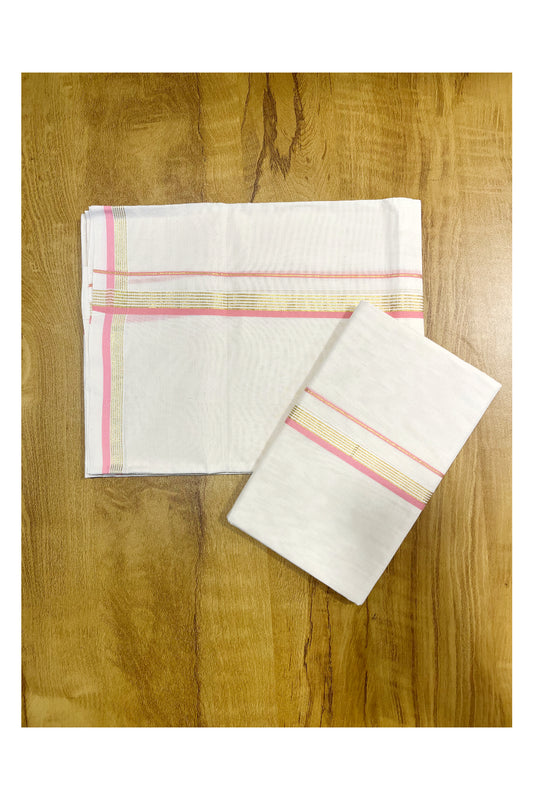 Kerala Pure Cotton Set Mundu Single (Mundum Neriyathum) with Pink and Kasavu Border 2.80 Mtrs