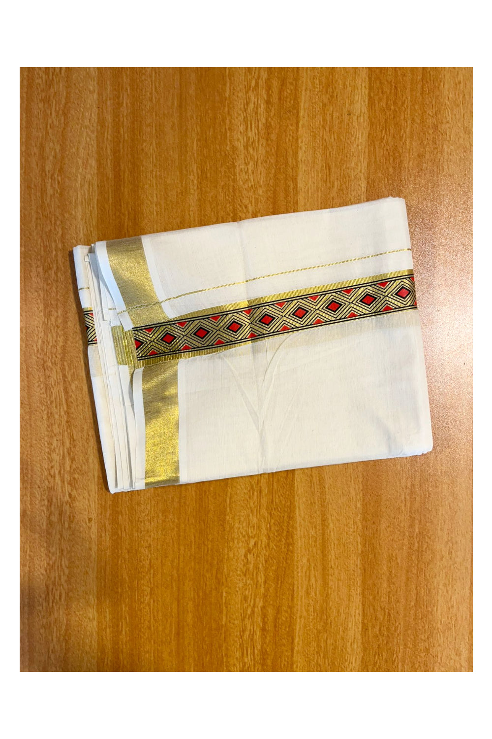 Southloom Kasavu Double Mundu with Prints on Kasavu Kara