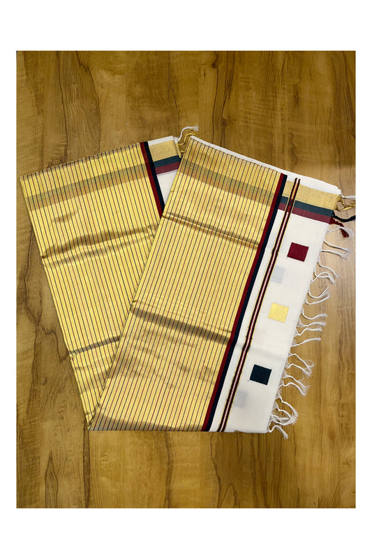 Southloom Premium Handloom Cotton Kasavu Saree with Green ,Maroon and Golden Square Woven Motifs