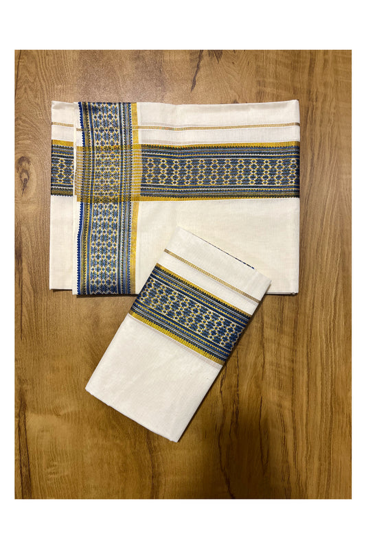 Kerala Pure Cotton Set Mundu Single (Mundum Neriyathum) with Blue Block Prints on Kasavu and Silver Border 2.80Mtrs(Onam 2024 Collection)