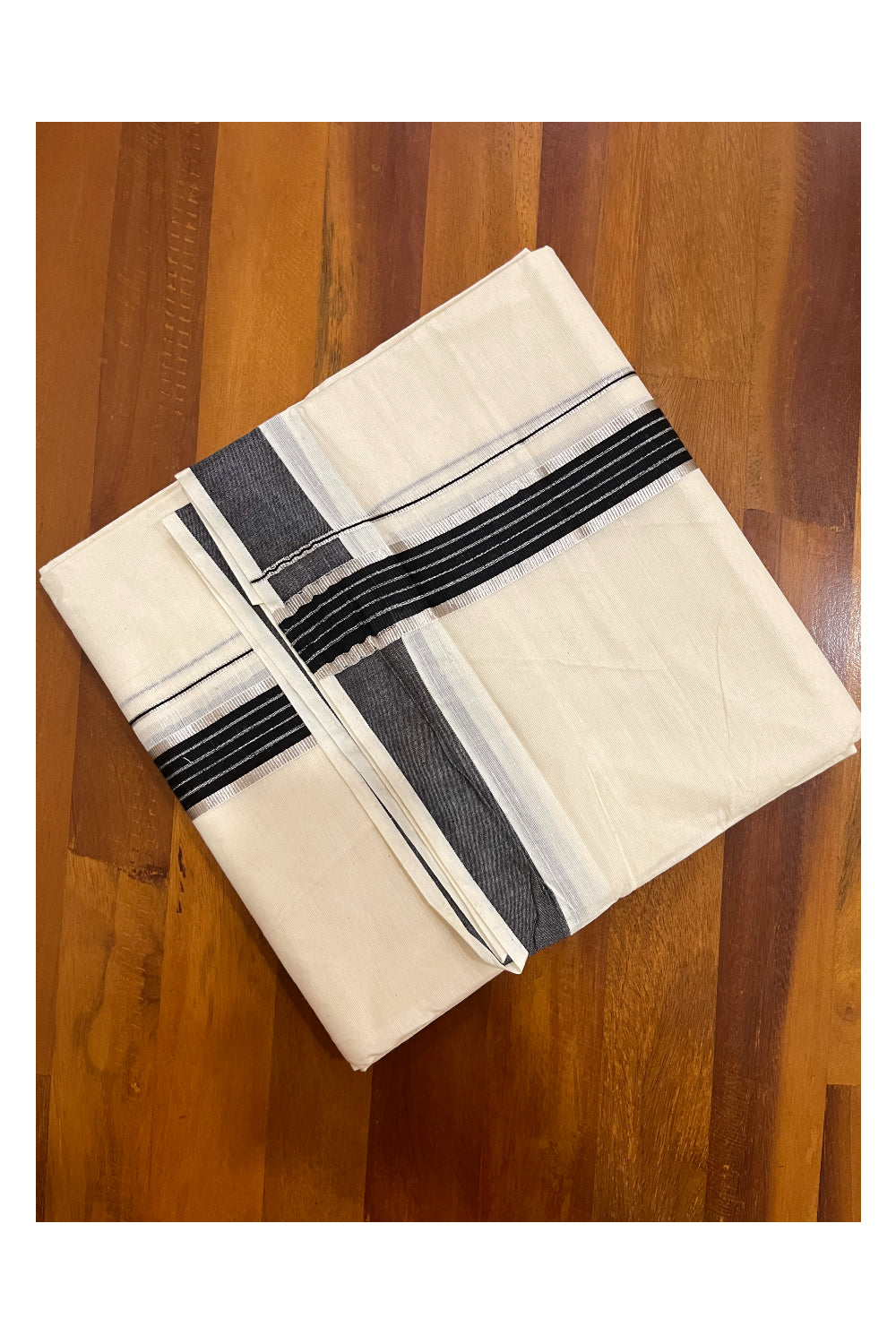 Kerala Cotton Double Mundu with Black and Silver Kasavu Line Border (Onam Mundu 2023)