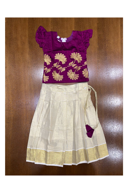 Southloom Kerala Magenta Pattupavada and Blouse with Embroidery Work  (Age 1- 5)