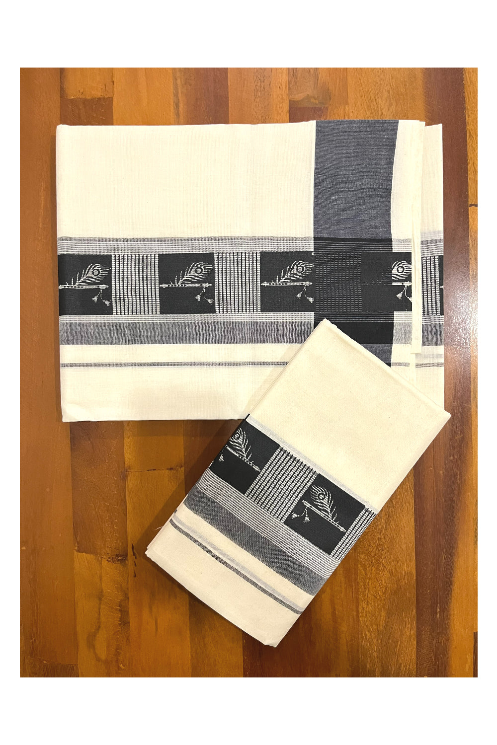 Southloom Pure Cotton Kerala Single Set Mundu with Black Feather and Flute Block Prints on Border (Onam Set Mundu 2023)