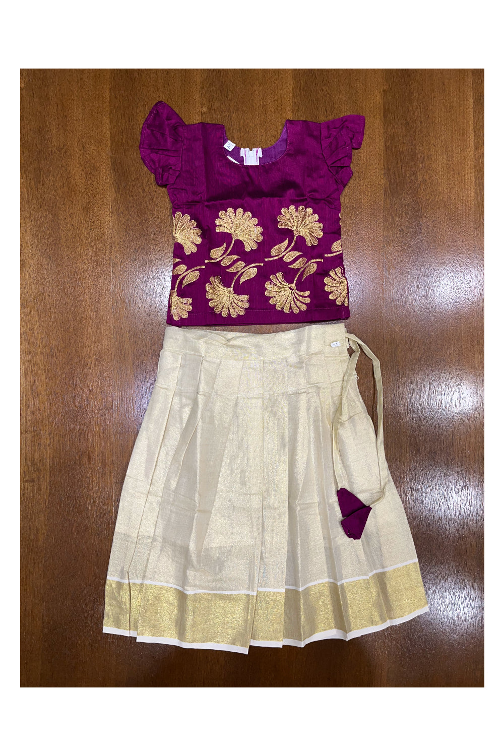 Southloom Kerala Magenta Pattupavada and Blouse with Embroidery Work (Age - 4 Year)