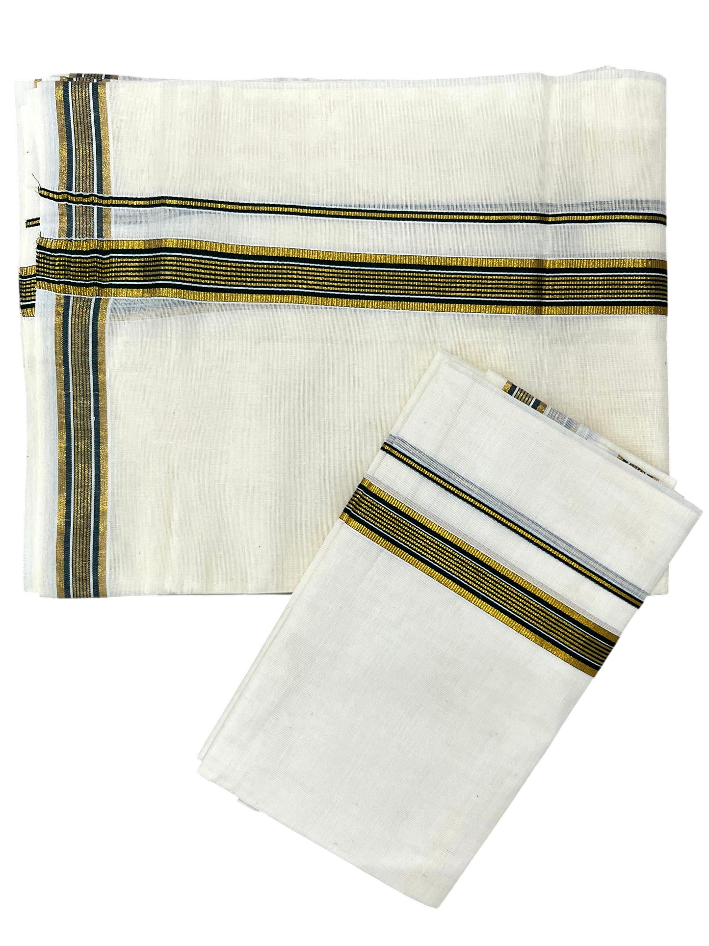 Southloom Pure Cotton Kerala Single Set Mundu (Mundum Neriyathum) with Green Kasavu Border in 2.80 Mtrs