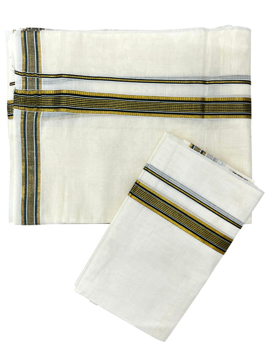 Southloom Pure Cotton Kerala Single Set Mundu (Mundum Neriyathum) with Green Kasavu Border in 2.80 Mtrs