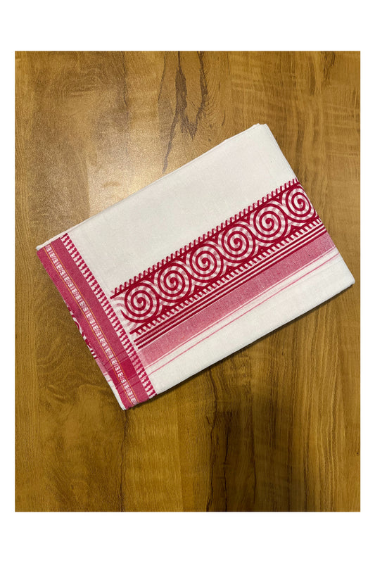 Southloom White with Pink Printed Single Mundu / Otta Mundu / Lungi (South Indian Kerala Dhoti)