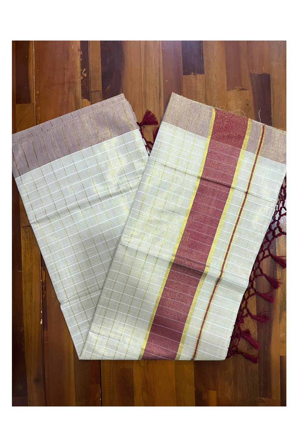 Kerala Tissue Kasavu Check Design Saree with Maroon Border and Tassels on Pallu (Onam Saree 2023)