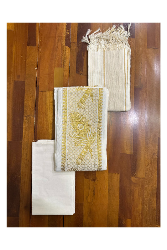 Kerala Cotton Churidar Salwar Material with Kasavu Peacock Feather and Flute Woven Design (include Lines Shawl / Dupatta)