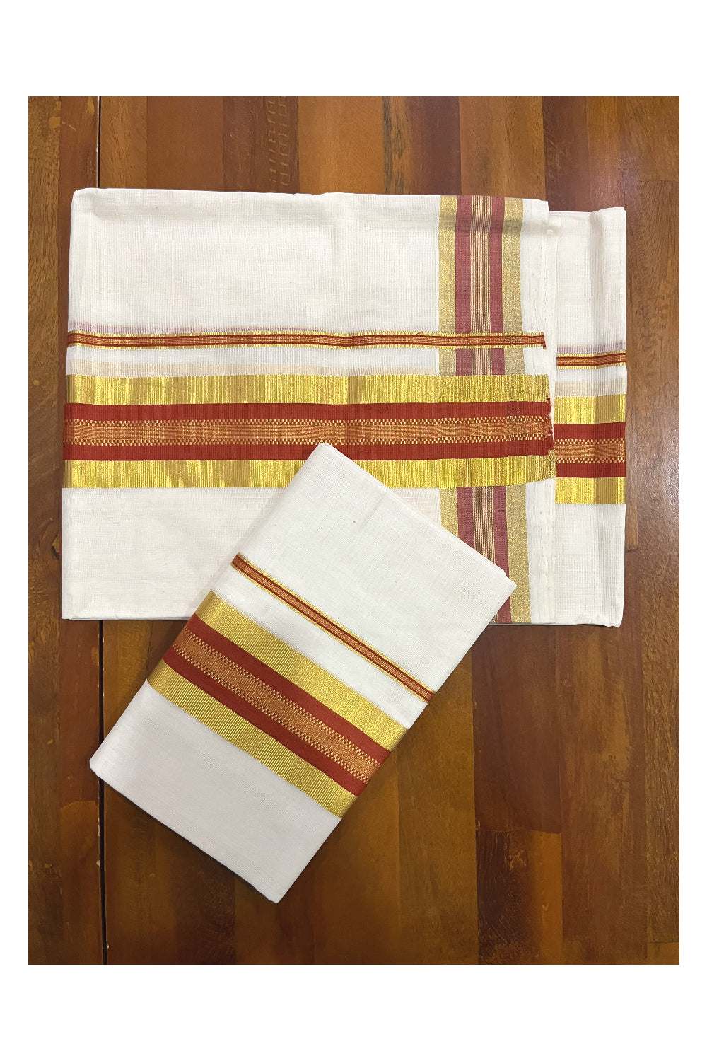 Pure Cotton Handloom Premium Kasavu Set Mundu (Mundum Neriyathum) with Orange and Kasavu Border