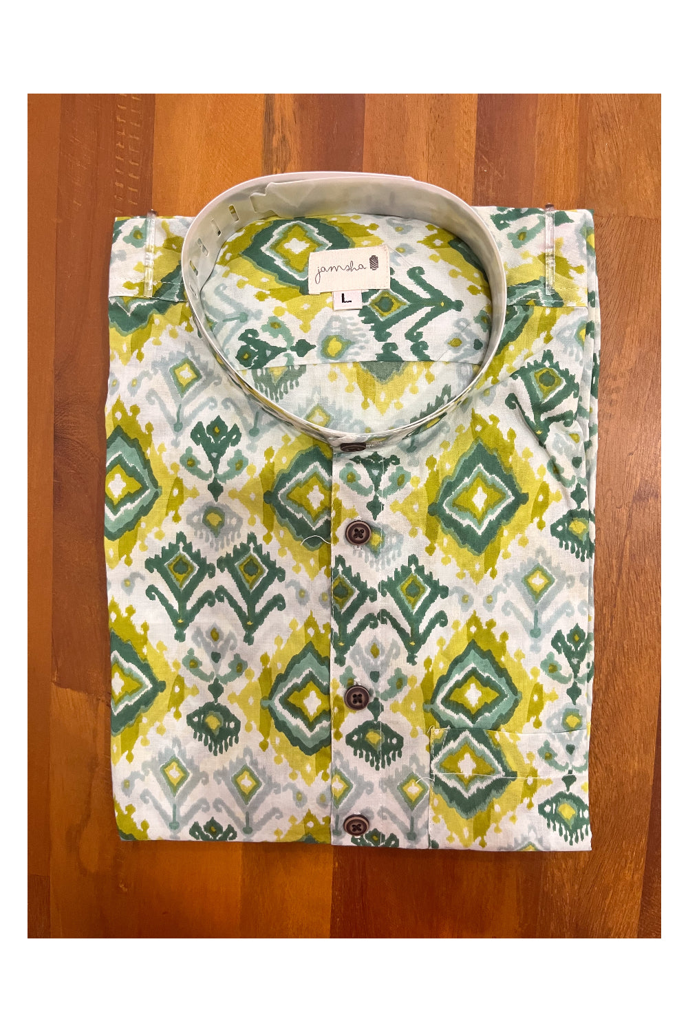 Southloom Jaipur Cotton Green Hand Block Printed Mandarin Collar Shirt (Full Sleeves)