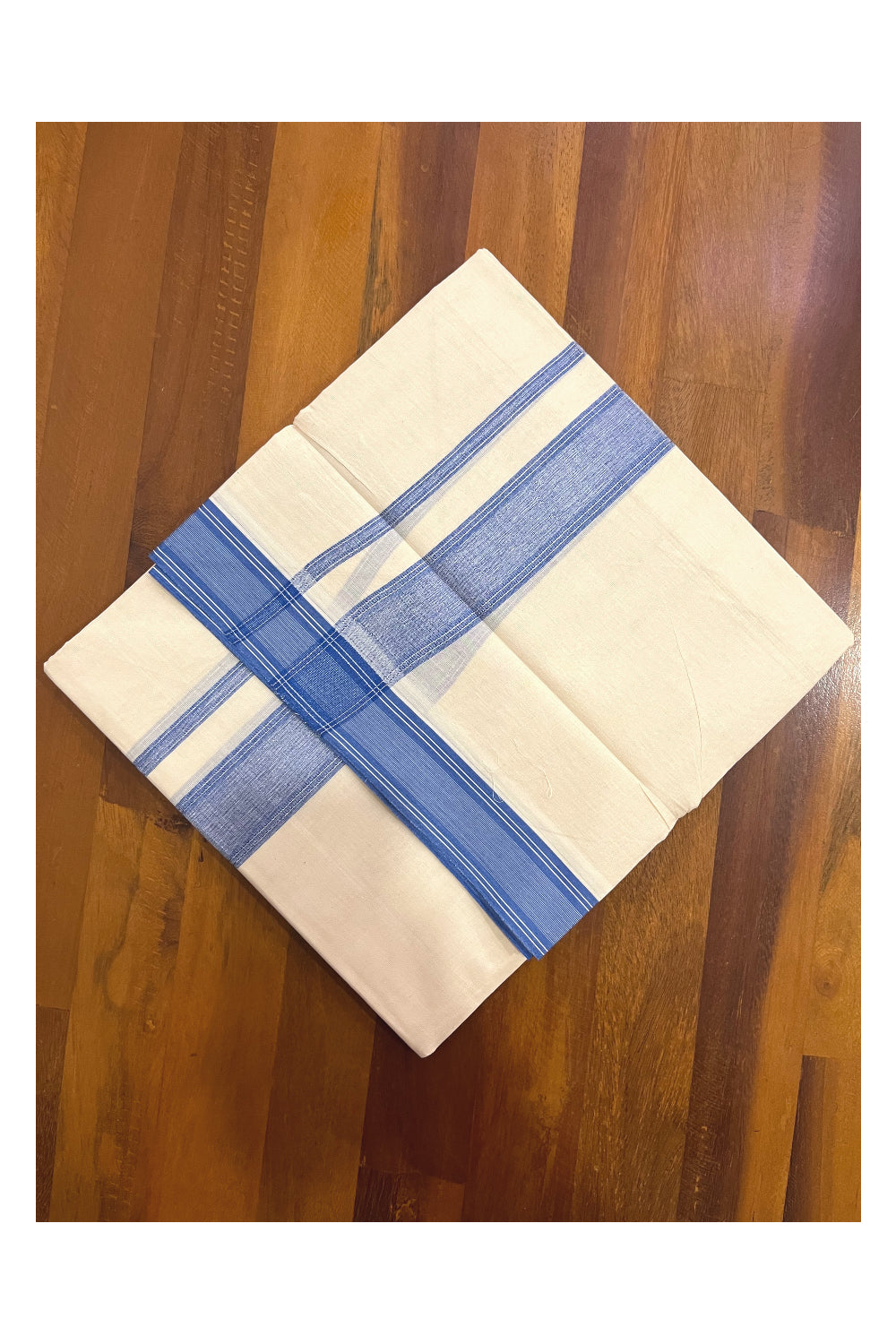 Pure Cotton 100x100 Double Mundu with Blue and Silver Kasavu Line Border (Onam Mundu 2023)