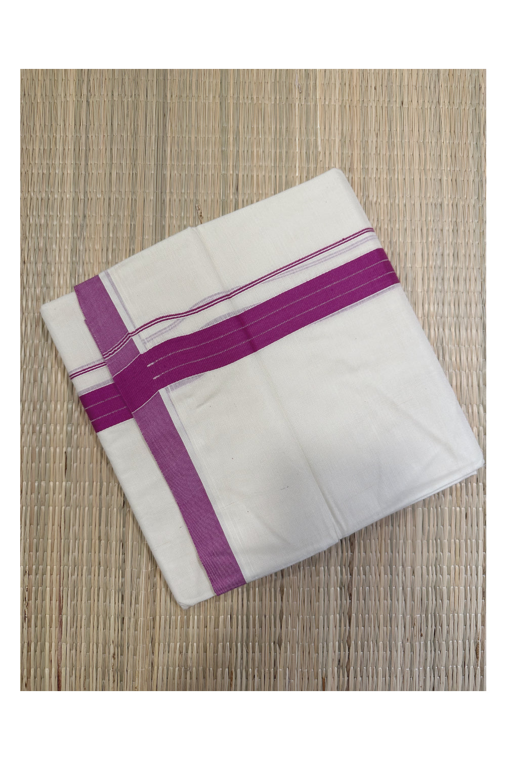 Off White Kerala Double Mundu with Magenta Kara (South Indian Kerala Dhoti)