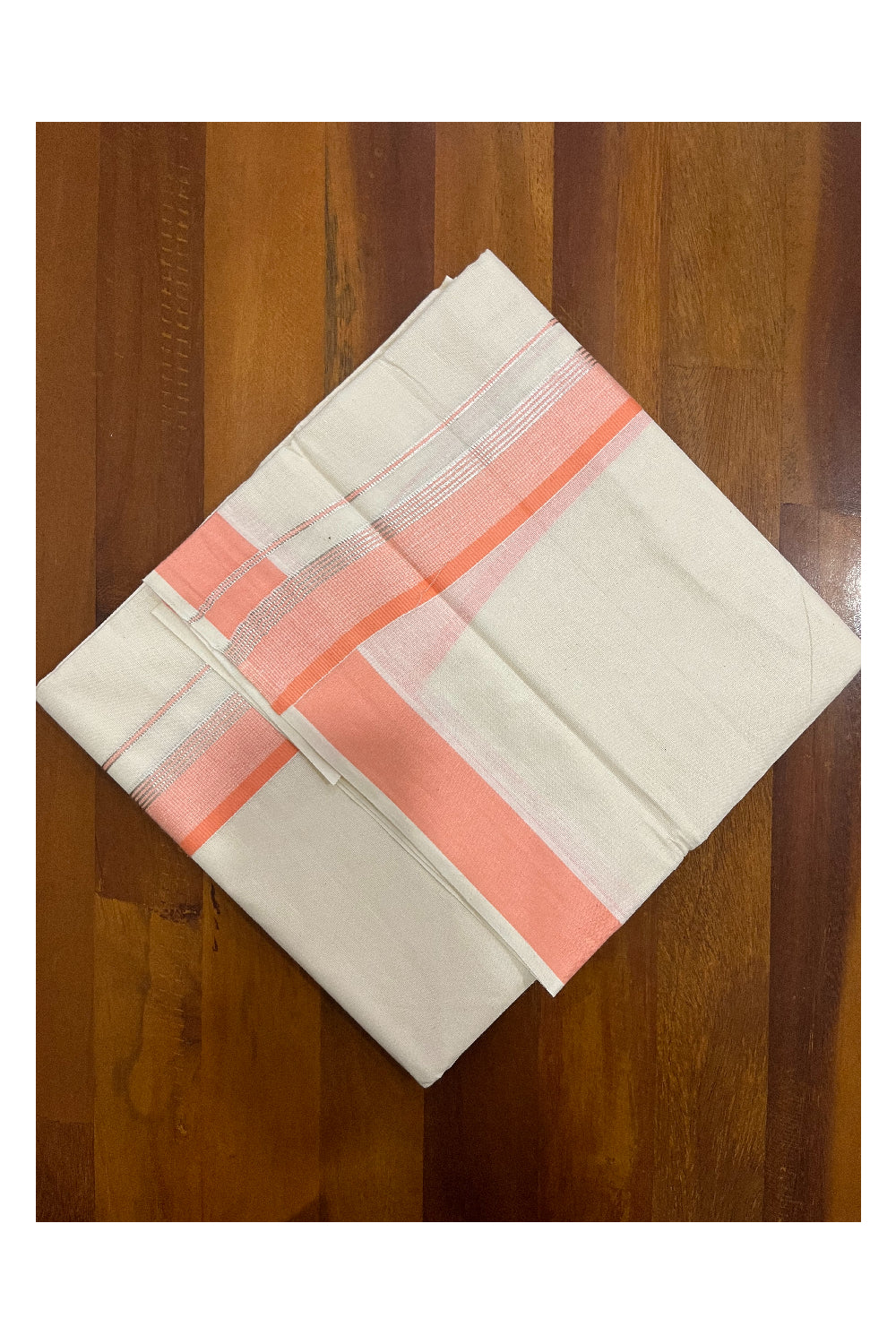 Pure Cotton Kerala Double Mundu with Peach and Silver Kasavu Kara (South Indian Kerala Dhoti)