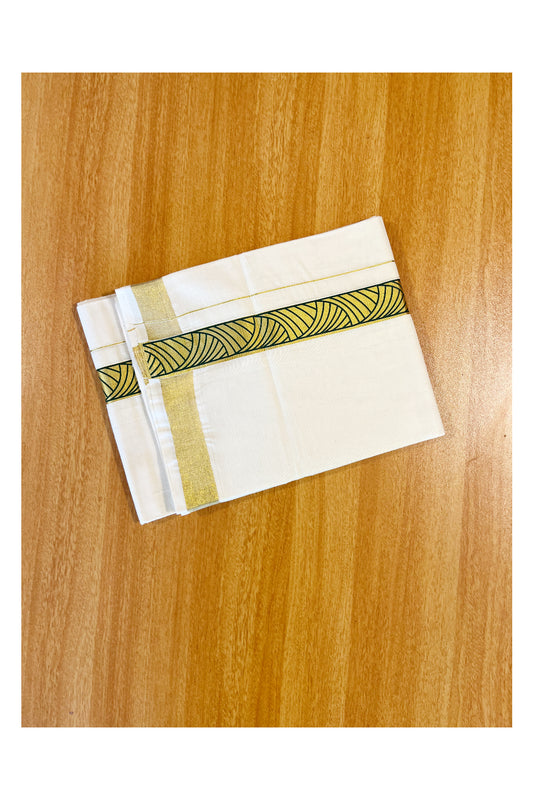 Pure Cotton Off White Double Mundu with Green Block Prints on Kasavu Kara (South Indian Dhoti)