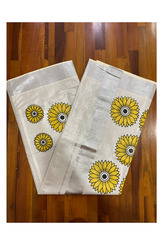Southloom Exclusive Silver Tissue Kasavu Saree With Sunflower Art On Body and Pallu
