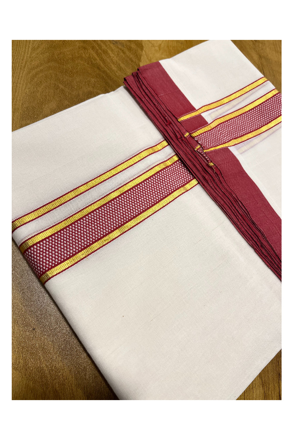 Premium Balaramapuram Handloom Unakkupaavu 1 inch Double Mundu with Kasavu and Maroon Kara