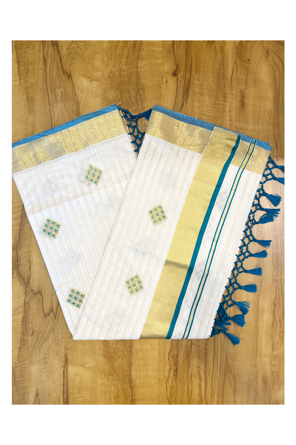 Kerala Cotton Kasavu Stripes Saree with Peacock Green Floral Embroidery Design on Body