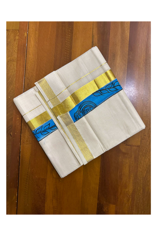 Kerala Pure Cotton Double Mundu with Hand Painted Designs on Kasavu Border(South Indian Kerala Dhoti)