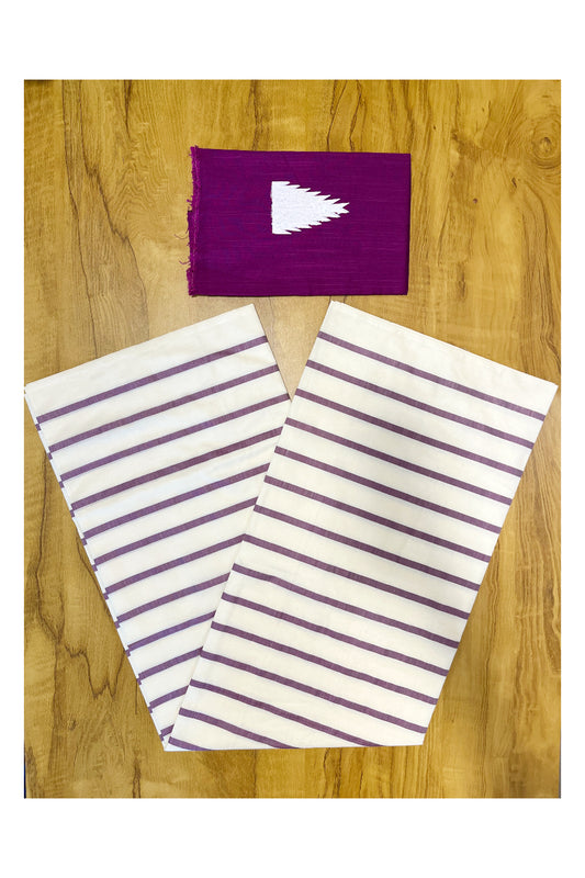 Kerala Pure Cotton Magenta Lines Saree with Blouse Piece