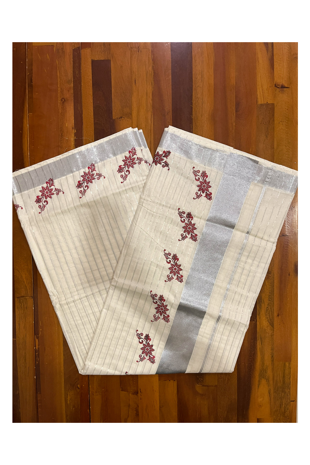 Pure Cotton Kerala Saree with Silver Lines and Red Floral Block Prints on Border