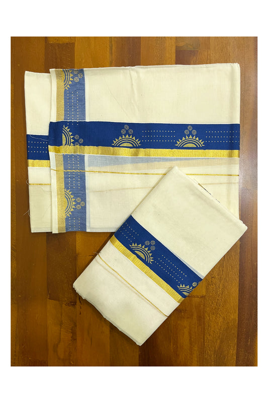 Kerala Pure Cotton Single Set Mundu (Mundum Neriyathum) with Block Prints on Blue and Kasav Border