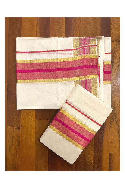 Pure Cotton Kerala Set Mundu (Mundum Neriyathum) Single with Bright Magenta and Kasavu Border 2.80 Mtrs