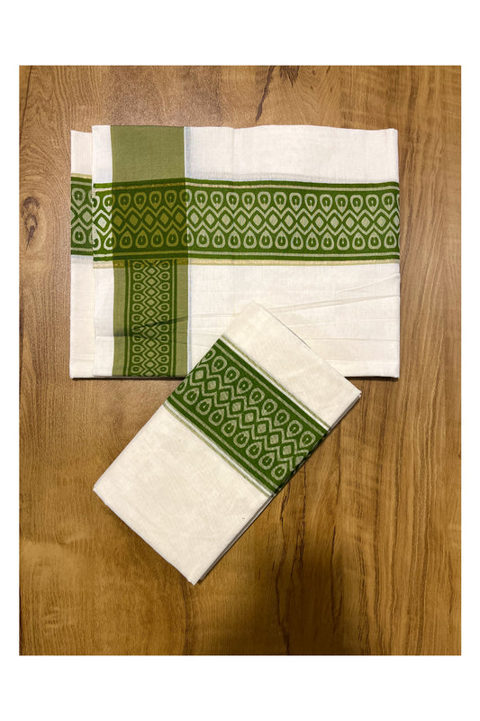 Kerala Cotton Single Set Mundu (Mundum Neriyathum) with Green Block print Border 2.80Mtrs