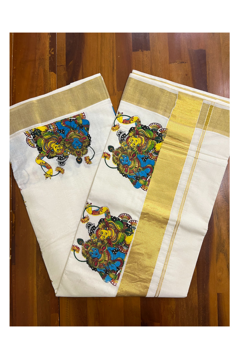 Pure Cotton Kerala Kasavu Saree with Krishna Radha Mural Prints on Border