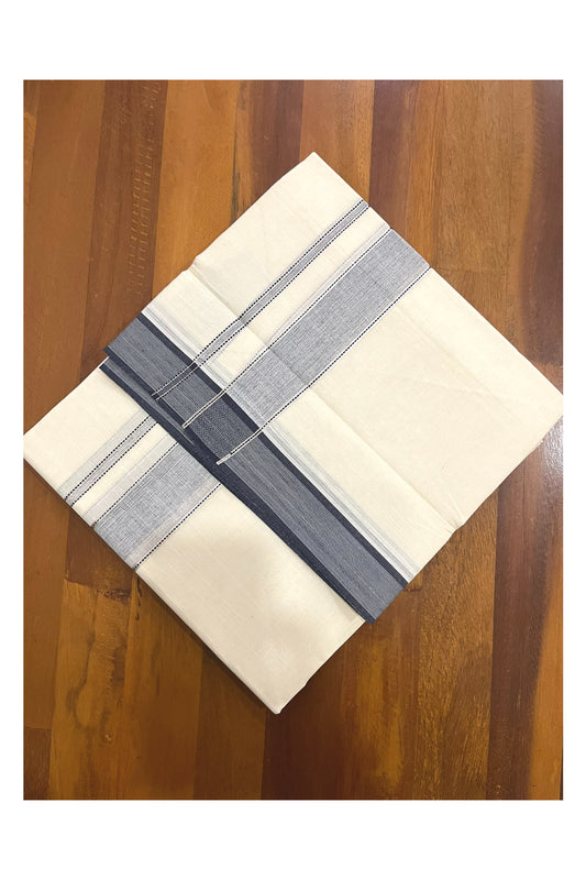 Pure Cotton 100x100 Double Mundu with Silver Kasavu and Blue Kara (Onam Mundu 2023)