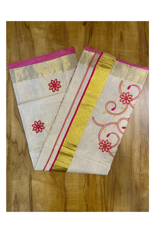 Kerala Tissue Kasavu Saree With Pink and Golden Floral Embroidery Works