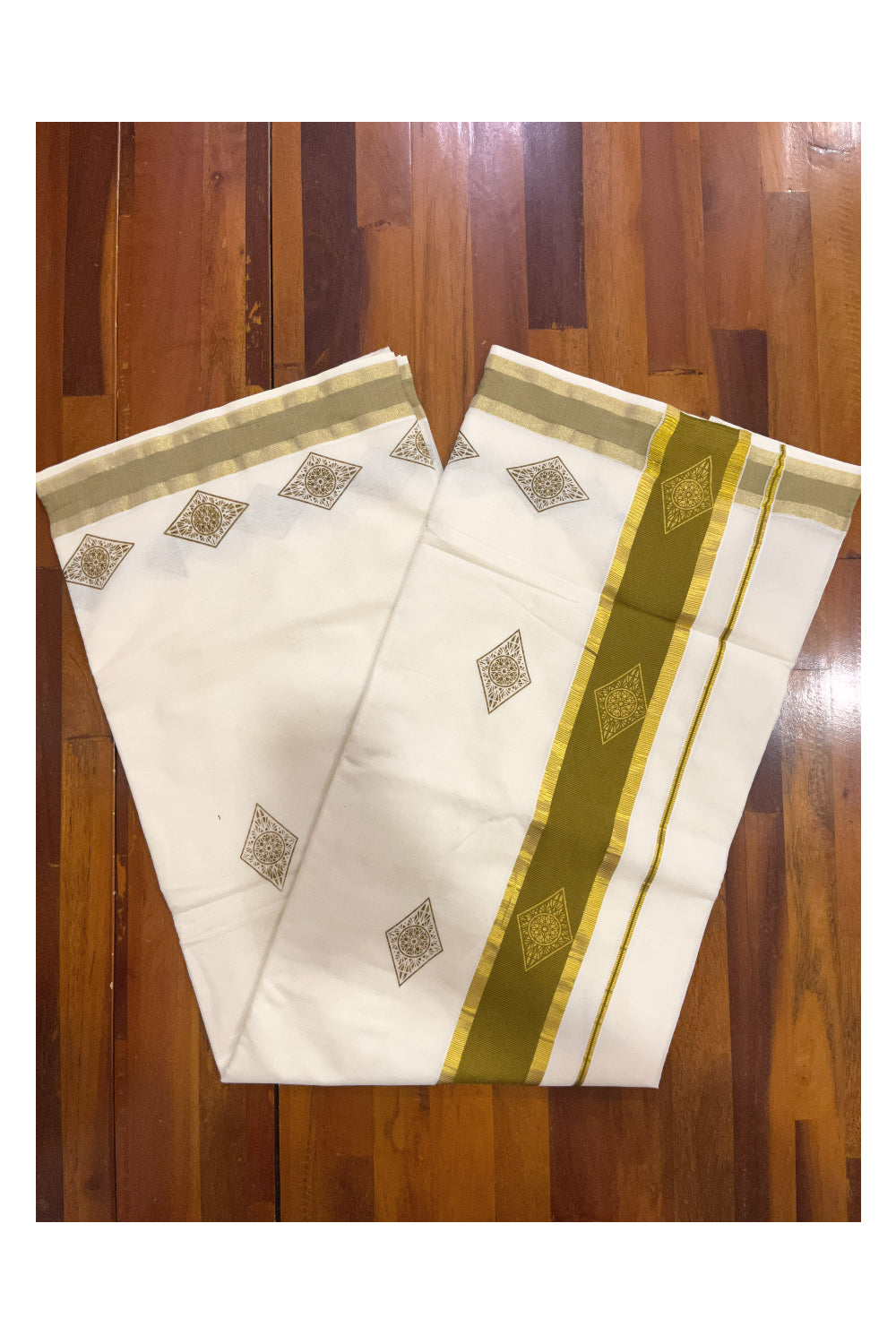 Pure Cotton Kerala Saree with Olive Green Block Prints and Kasavu Border