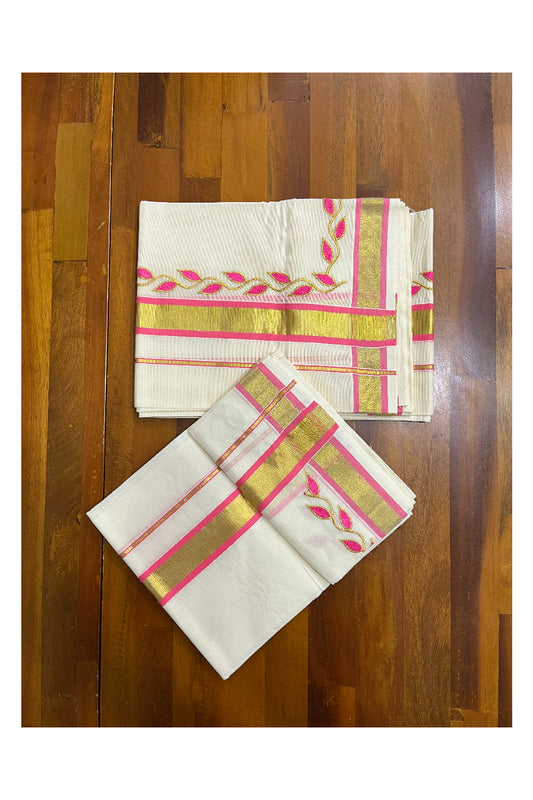 Kerala Cotton Mundum Neriyathum Single (Set Mundu) with Pink Golden Floral Embroidery Designs in Pink and Kasavu Border