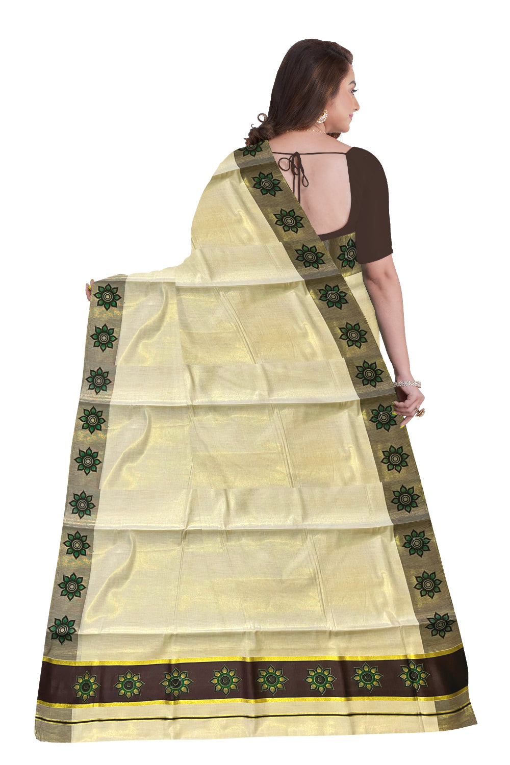 Kerala Tissue Kasavu Saree with Floral Block Prints in Brown Border