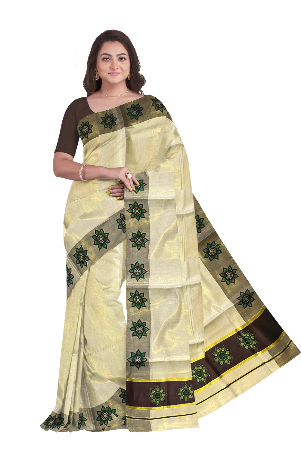 Kerala Tissue Kasavu Saree with Floral Block Prints in Brown Border