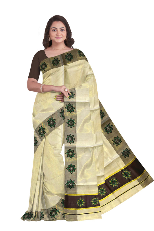 Kerala Tissue Kasavu Saree with Floral Block Prints in Brown Border