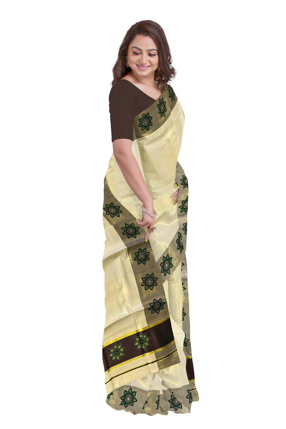 Kerala Tissue Kasavu Saree with Floral Block Prints in Brown Border