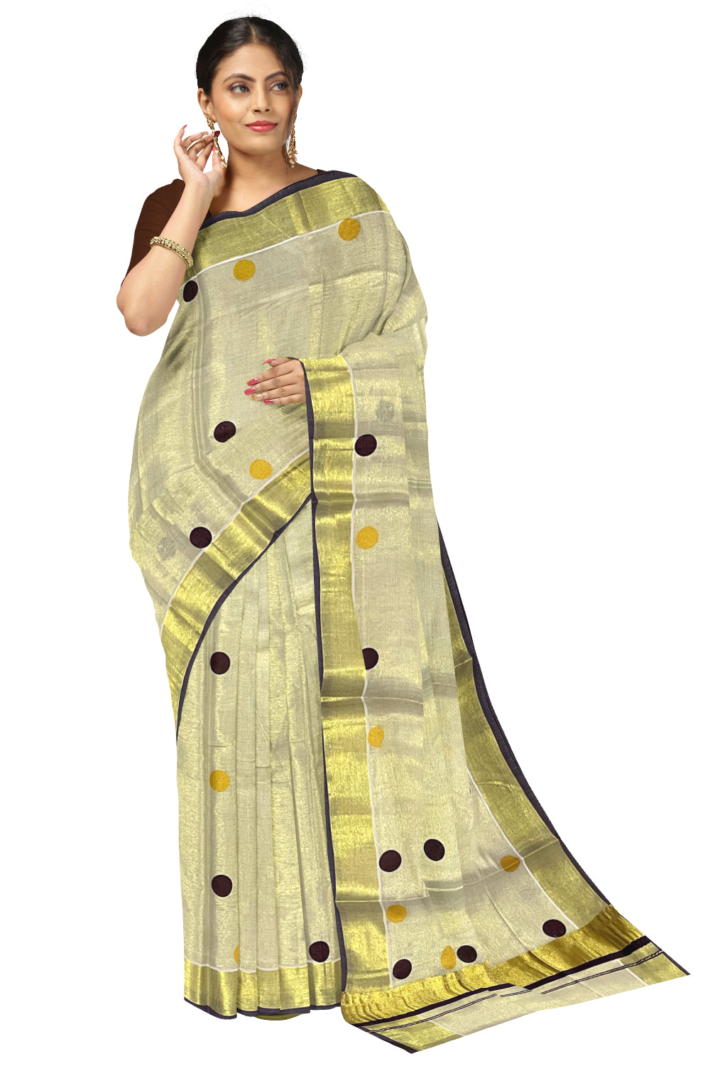 Kerala Tissue Kasavu Saree with Brown and Golden Polka Prints and Tassels Works