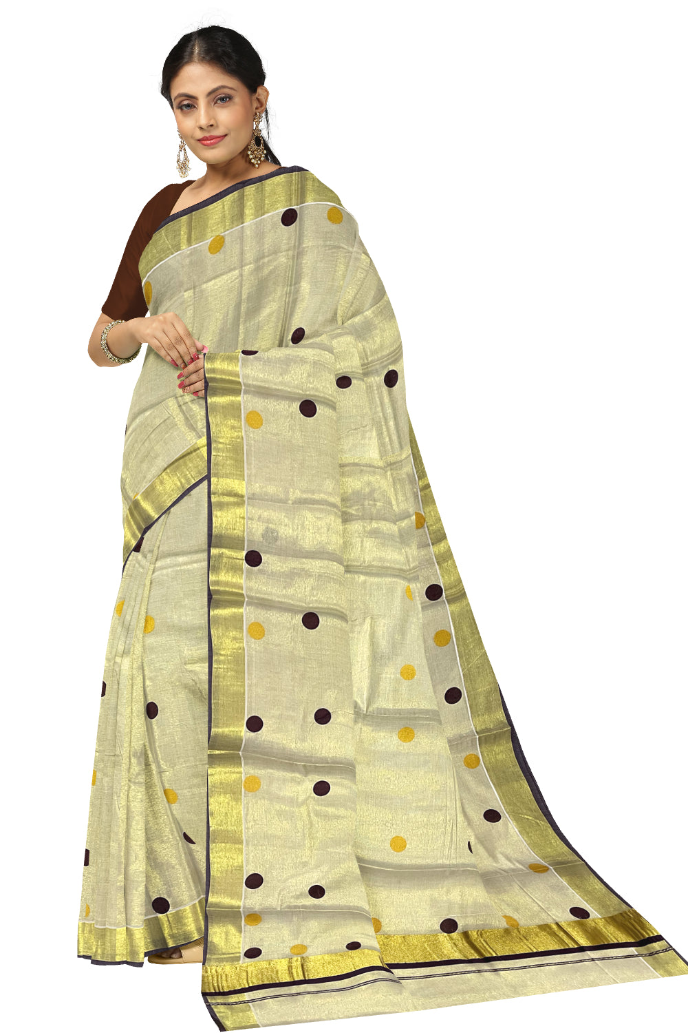 Kerala Tissue Kasavu Saree with Brown and Golden Polka Prints and Tassels Works