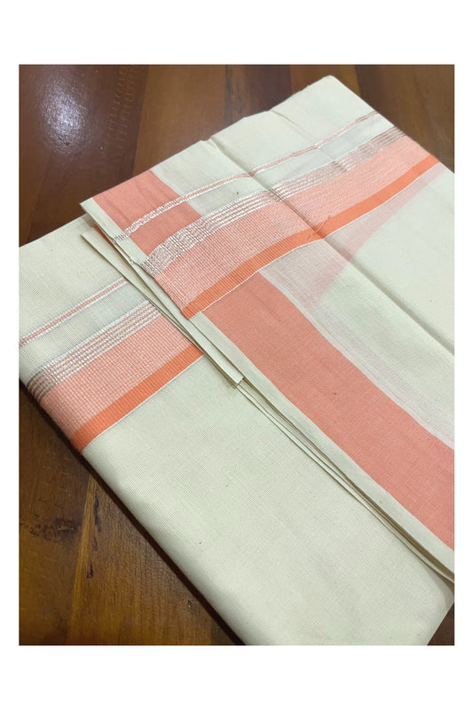 Pure Cotton Kerala Double Mundu with Peach and Silver Kasavu Kara (South Indian Kerala Dhoti)