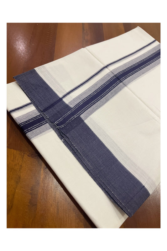 Pure White Cotton Double Mundu with Navy Blue Border (South Indian Kerala Dhoti)