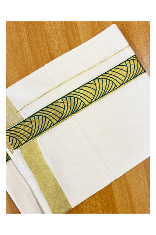 Pure Cotton Off White Double Mundu with Green Block Prints on Kasavu Kara (South Indian Dhoti)