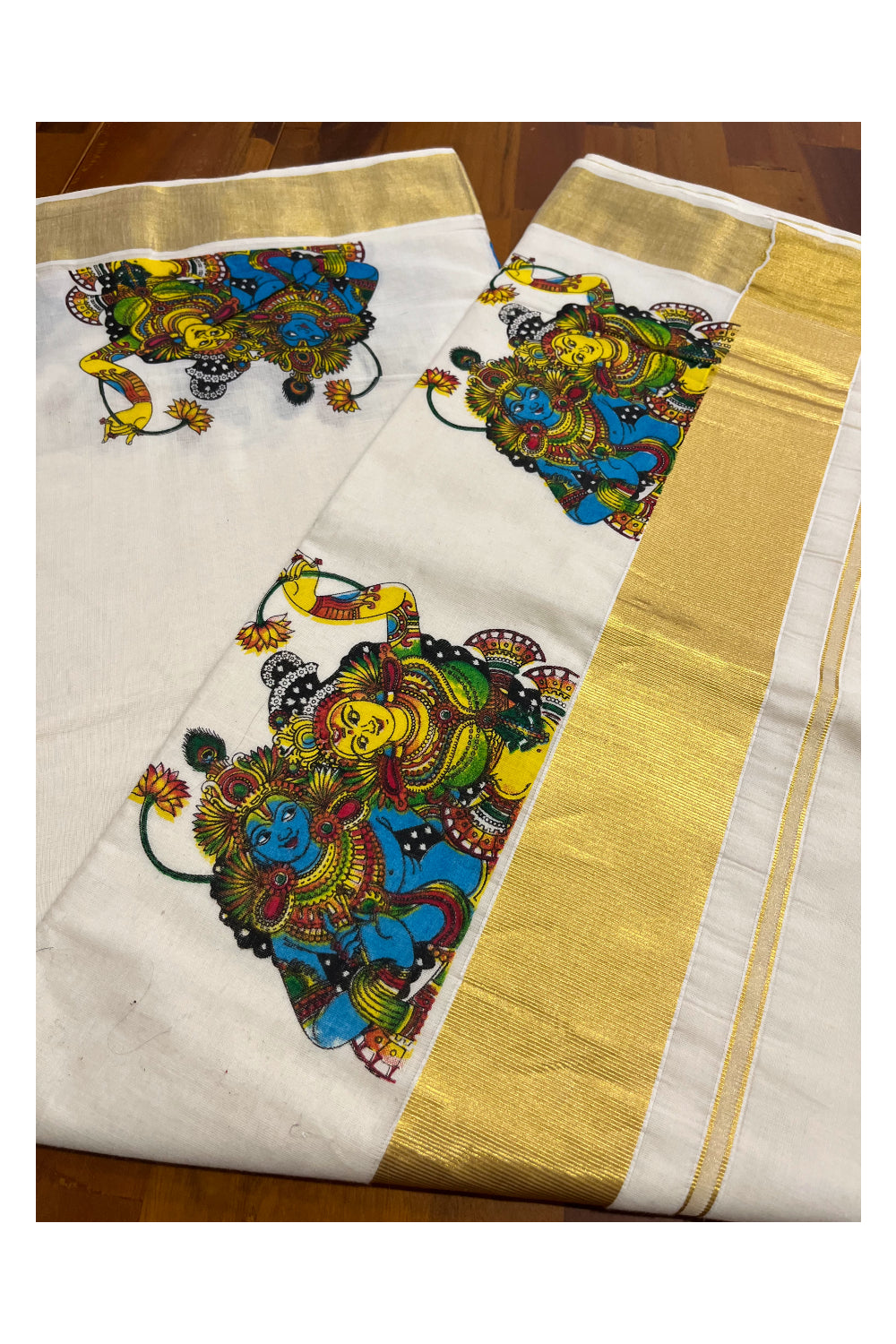 Pure Cotton Kerala Kasavu Saree with Krishna Radha Mural Prints on Border