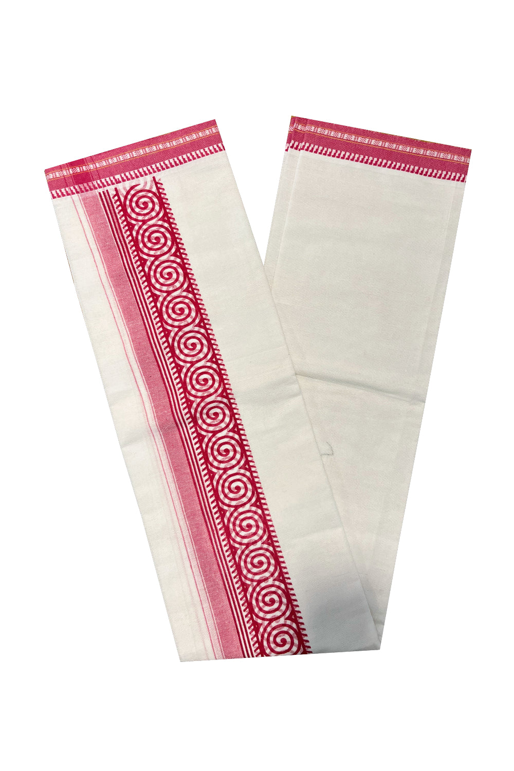 Southloom White with Pink Printed Single Mundu / Otta Mundu / Lungi (South Indian Kerala Dhoti)