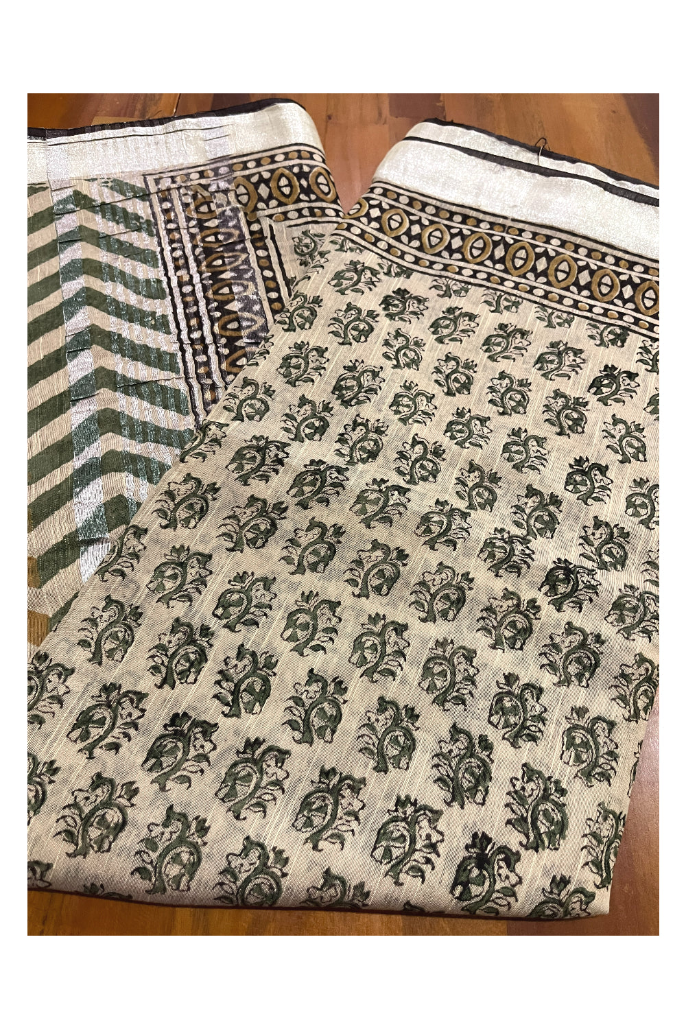 Southloom Linen Light Brown Saree with Green Floral Designer Prints on Body