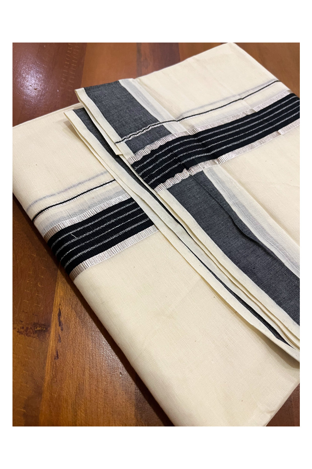 Kerala Cotton Double Mundu with Black and Silver Kasavu Line Border (Onam Mundu 2023)